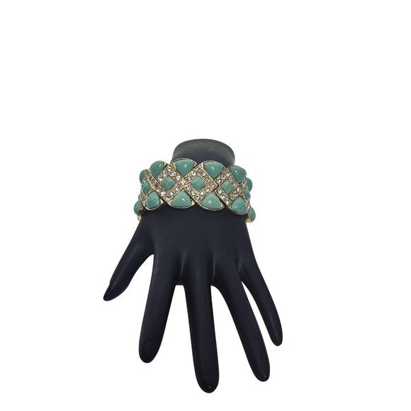 Unknown Jewelry - Gold Tone, Clear Rhinestones And Aqua Blue Cabochons Bracelet (6240)